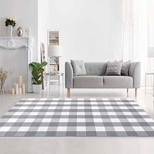 MUBIN Cotton Buffalo Plaid Rug, 4' x 6' Gray White Outdoor Rug Decorative Mat, Washable Large Doormat Hand-Woven Foldable Area Rug for Outdoor Patio Indoor Living Room Dining Room Kitchen - Image 5