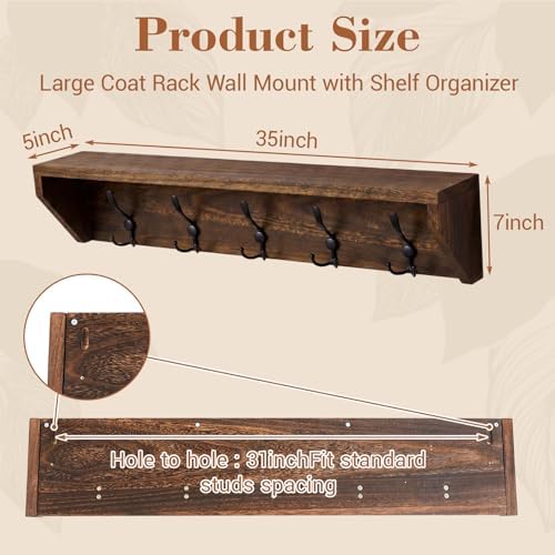 Geelin 35 Inch Wall Shelf with Hooks and Shelf Organizer Wall Mount Coat Rack with 5 Triple Hooks for Hanging for Entryway, Hallway, Bathroom, Living Room, Bedroom - Image 2