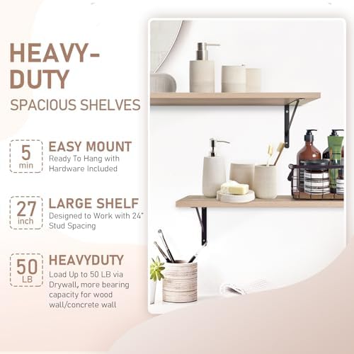 Kaboon 27 inch Long 10 inch Deep Floating Shelves for Wall Set of 2, Large Open Shelves Wall Mounted, Space Saving Home and Commercial Use, Oak/Grey Tone - Image 4