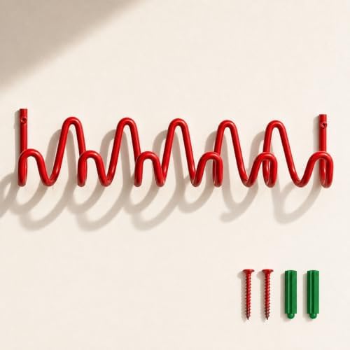 Coat Rack Wall Mount, Modern Wave Metal Wall Hooks, 6 Hooks, Red by Unknown
