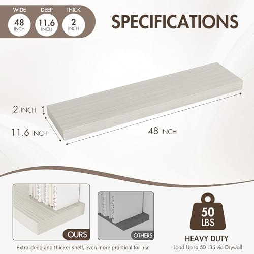 Acovy 48 Inch Floating Shelves, 12" Deep Floating Shelf Wall Mounted, 48" Wall Shelves, Rustic Deep Bookshelf, Extra Deeper & Thicker Display Shelves for Bedroom, Living Room, Set of 1 - Image 3