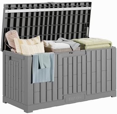 EAST OAK Outdoor Storage Box, 80 Gallon Deck Box, Waterproof Resin Storage Bin for Patio Cushions, Gardening Tools, Lockable, UV Resistant, Grey by EASTOAK
