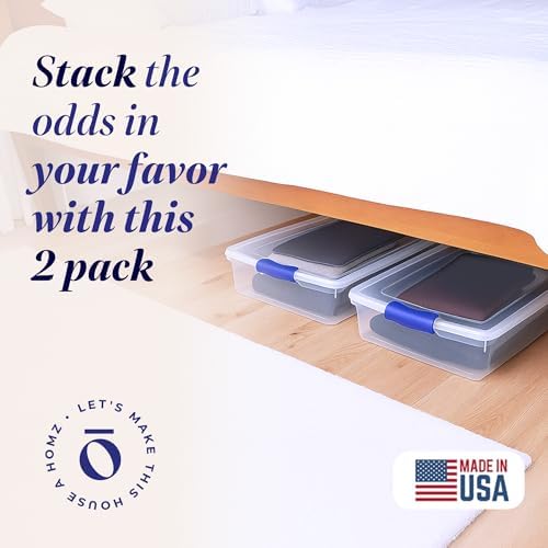 HOMZ Under Bed Clear Plastic Storage Bin w/Lid, 60 Qt, Blue Latch, 2 Pack - Image 2
