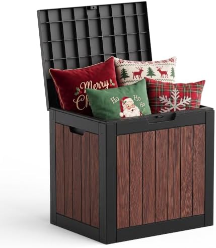 Vixzen 35 Gallon Deck Boxes Outdoor Waterproof, Lockable Resin Storage Box with lid for Furniture Cushions, Weatherproof Containers Outside Storage Boxes for Garden Patio Tools(Black Cognac Walnut) by Vixzen