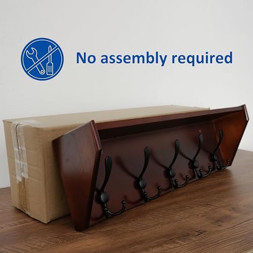WEBI Coat Rack Wall Mount with Shelf,24" Long Wall Shelf with Hooks Underneath,5 Triple Hooks for Entryway,Hallway,Bedroom,Cherry - Image 5