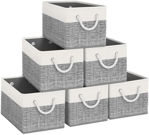 Fab totes Storage Bins 6-Pack, Foldable Storage Baskets for Organizing Toys, Books, Shelves, Closet, Large Storage Box with Rope Handles, Sturdy Organizer Bins, White & Grey by Fabtotes