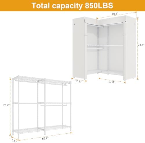 ULIFHOME E15C Garment Rack L Shaped Clothes Rack for Corner，Freestanding Clothing Racks for Hanging Clothes，Heavy Duty Closet Organizer 43.4"W x 15.8"D x 78.4"H，White Rack with White Dustproof Cover - Image 3
