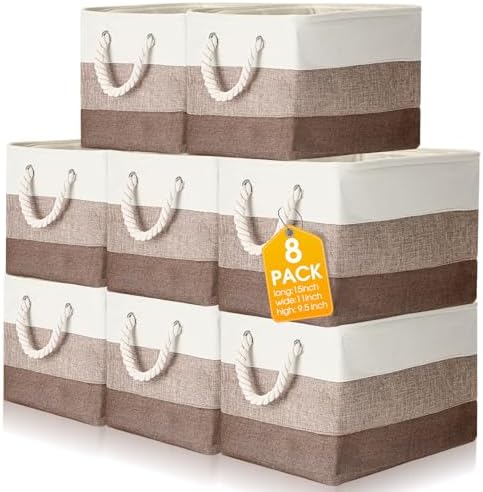meekoo 8 Pack Fabric Storage Bins Baskets, 15 x 11 x 9.5 in, Mixed Beige by meekoo