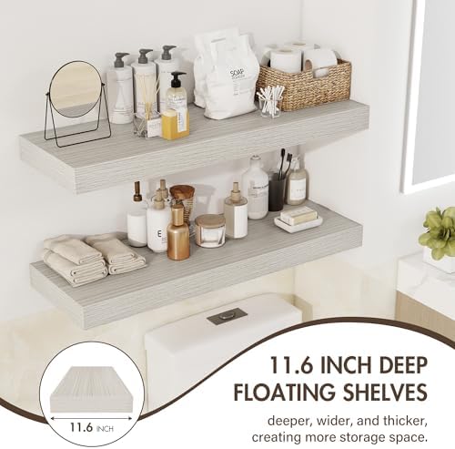 Acovy 55 Inch Floating Shelves, 12" Deep Floating Shelf Wall Mounted, 55" Wall Shelves, Rustic Deep Bookshelf, Extra Deeper & Thicker Display Shelves for Bedroom, Living Room, Gray, Set of 2 - Image 5