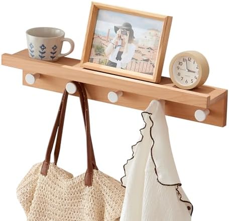 Wall Hooks with Shelf 24 inch, Beech Wood Entryway Wall with 5 Hooks, Floating Shelf Coat Rack for Bathroom, Living Room, Bedroom by Sikflmi