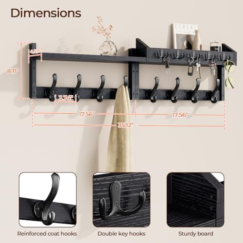 Evermagin 35" Coat Rack Wall Mount with Shelf for Entryway, Black - Image 2