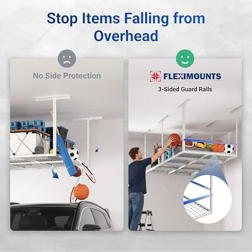 FLEXIMOUNTS 4x8ft Overhead Garage Storage Rack with Safety Rails, White - Image 3
