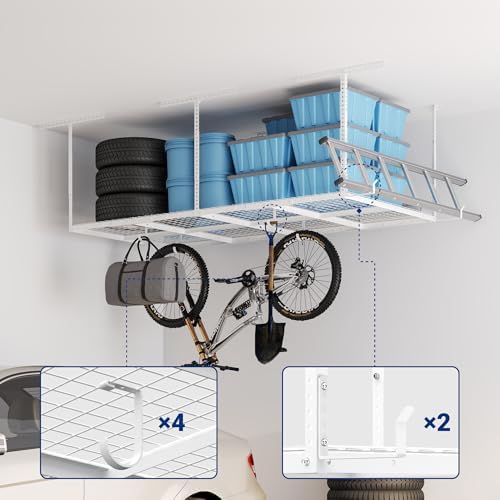 FLEXIMOUNTS 4x8 Overhead Garage Storage Rack with Hooks, White - Image 2