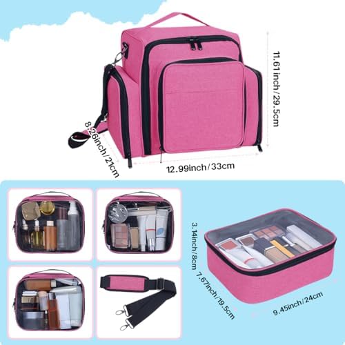 Large Makeup Bag Organizer with 3 Inner Removable Pouches,Rose Red - Image 2