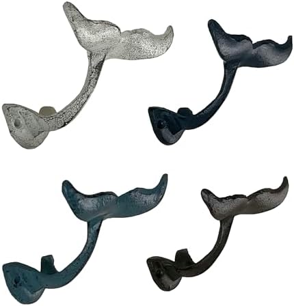 Zeckos Set of 4 Whale Tail Wall Hooks, Colorful Distressed Cast Iron by Zeckos