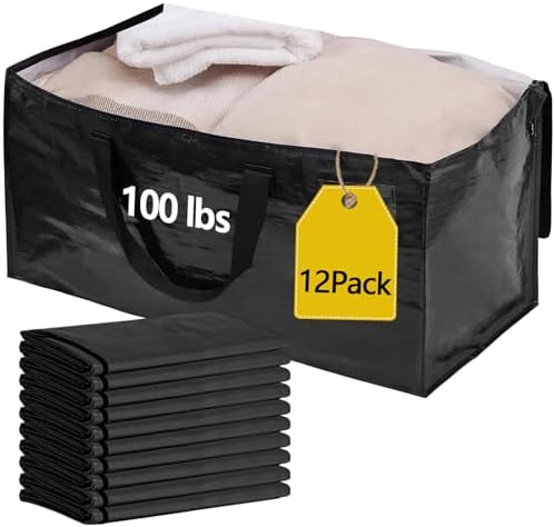 12 Pack Waterproof Moving Storage Bags, 100 lbs Extra Large Heavy Duty Totes with Reinforced Handles & Strong Zippers, Reusable Moving Box Alternative for Packing Moving Household Storage, 95L, Black by Demiwise