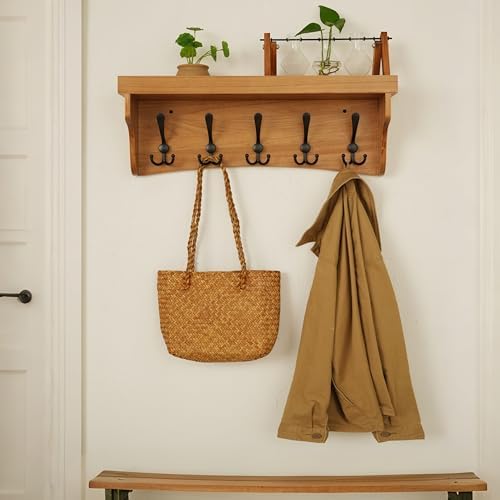 WEBI Wall Shelf with Hooks Underneath,24" Long Coat Rack Wall Mount with Shelf,Key Rack for Wall,5 Triple Hooks for Hanging Coats,Clothes,Jacket,Bathroom,Entryway,Light Brown - Image 2