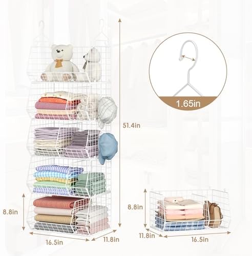 5 Tier Extra Large Closet Hanging Shelves with Divider,2 Pair Hook,16.5"L x 11.8"W x 51.4"H Closets Organizers and Storage,Clothes Organizer Clothing Sweaters Shoes Handbags Clutches Accessories-White - Image 3