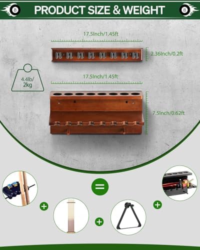 EXTCCT Wall Mount Pool Stick Holder - Billiards Pool Cue Rack Hardwood Pool Cue Set Holder for 8 Cues Sticks Storage Pool Table Accessories Equipment Organizer - Image 6