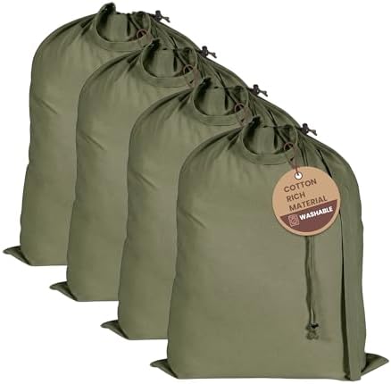 LFH Home Large Premium Cotton Rich Canvas Laundry Bag with Drawstring and Handles Heavy Duty, Multi-Use, and Washable for Home, Travel, College or Storage 24x36 (Pack of 4)-Military Green by LFHHomePrivateLimited