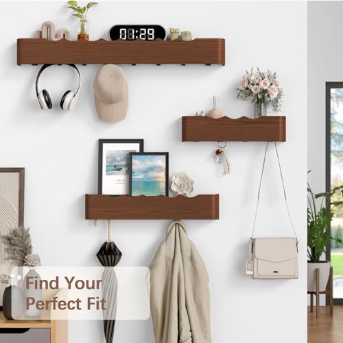 Coat Rack Wall Mount with Hidden Hooks, Wall Hooks with Shelf, Wall Key Holder Mount Wooden Shelf Entryway Hooks for Bedroom Bathroom for Hanging Coats Hats Bags Towels (Walnut Wave-Shape, 8 Hooks) - Image 7