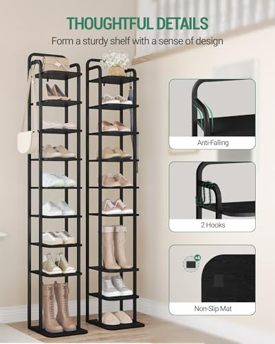 Hzuaneri Vertical Shoe Rack, Shoe Shelves, Wood Shoe Organizer for Closet, Entryway, Shoe Tower for Small Spaces, Free Standing, Adjustable, with 2 Hooks, 10 Tier Black SR11204B - Image 3