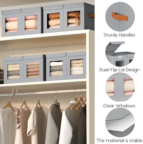 Homsorout Large Closet Storage Bins - Collapsible Divided Clothes Organizer with Lids & Dual Window, Fabric Organizing Bins for Clothes, Sweater, Bedroom, Office (Grey, 4 Pack) - Image 2