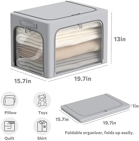 3Pack Clothes Storage Bins - Oxford Frame Storage Box Foldable Stackable Storage Organizer with 3 Openings Design, Metal Frame, Clear Window, Carry Handles (66L-19.7 * 15.7 * 13, Grey) - Image 5