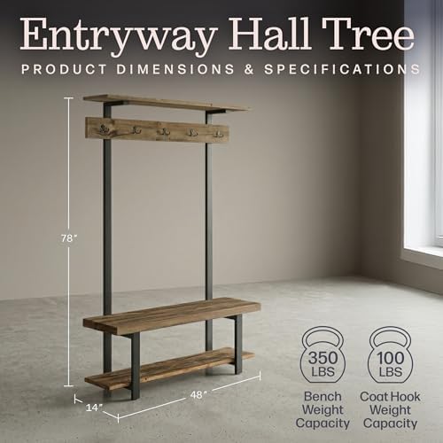 Pomona Solid Wood Entryway Hall Tree with Shoe Bench, Rustic Brown, 48 Inch - Image 3