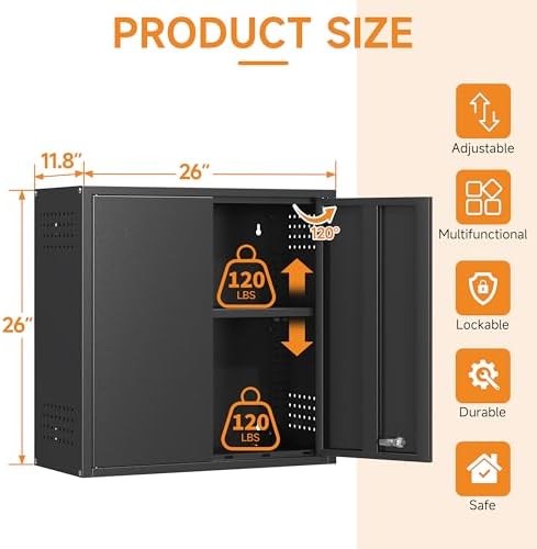 Metal Garage Wall Cabinet with 2 Doors and 1 Adjustable Shelf,Lockable Floating Tool Cabinet with Pegboard,Black Steel Storage Cabinet for Kitchen,Office,Garage,Laundry,Warehouse(Black, 26" H) - Image 2