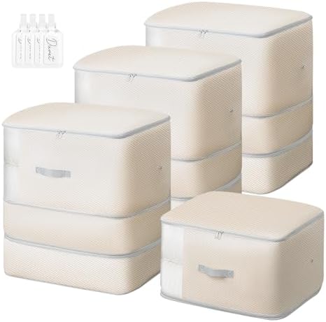 Comforter Storage Bag - Large Capacity Blanket Storage Bags 3-Layer Ultra Space Saving Self Compression Organizer, Washable Bedding Storage Comforter Blanket, 4 Pack, Beige by EasortmPackingCubes