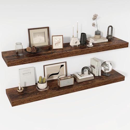 Acovy 55 Inch Floating Shelves, 12" Deep Floating Shelf Wall Mounted, 55" Wall Shelves, Rustic Deep Bookshelf, Extra Deeper & Thicker Display Shelves for Bedroom, Living Room, Brown, Set of 2 by Acovy