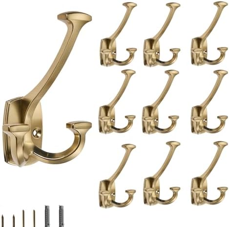 Brushed Brass Hooks Large Wall Mounted Decorative Solid Heavy-Duty Double-Sided Coat Hooks Triple Coat Hook Towels Coats Robes Towels Bag Bathroom Three Prong Coat Hook (10 Pack) by Unknown