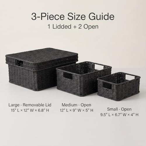 Wicker Storage Basket with Lid for Shelves, 3-Basket Set, Black - Image 4
