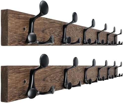 WEBI Coat Rack Wall Mount,36" Solid Wood Coat Hooks Wall Mounted Coat Hanger,16" Hole to Hole,Heavy Duty Hook Rack Rail,6 Triple Hooks for Hanging Coats,Jacket,Clothes,Hat,Weathered Brown,2 Packs by WEBI