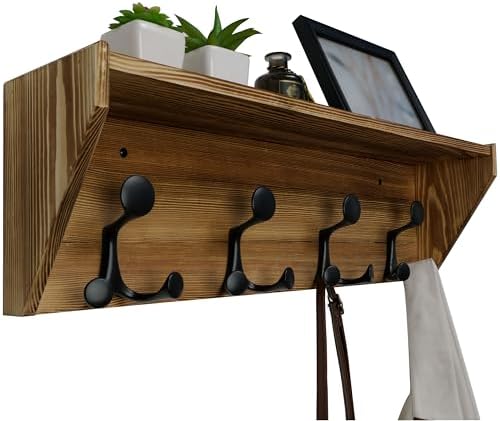 WEBI Wall Shelf with Hooks Underneath,24" Long Wall Mounted Coat Rack with Shelf,Entryway Coat Rack with 4 Triple Hooks for Hanging Coats,Jacket,Hallway,Bedroom,Mudroom,Brown by WEBI
