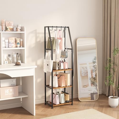 Tall Narrow Purse Organizer Stand with Purse Hanger, High-Capacity Floor-Standing Handbag Rack for Small Spaces | Space-Saving Fashion Bags & Purse Display Organizer﻿(Rustic Brown) - Image 5