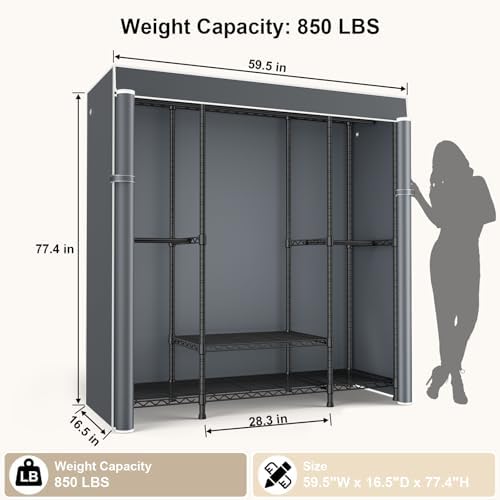 ULIFHOME E3C Black Clothes Rack with Gray Cover, Heavy Duty Garment Rack - Image 3