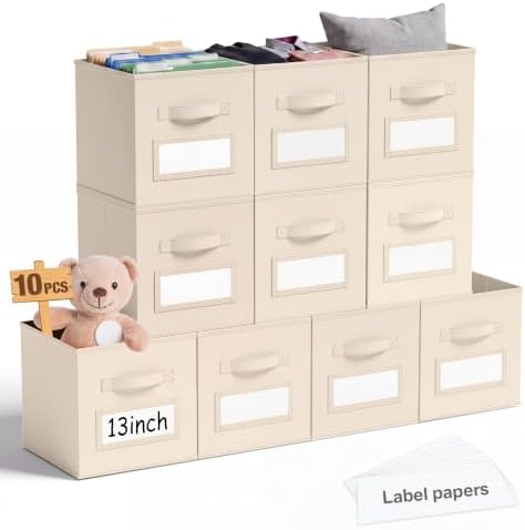 Teenyyou 10 Pack Fabric Storage Cubes 13 Inch Collapsible Cube Bins with Label Window & Handle Foldable Organizers Baskets for Shelf Closet Nursery Kids Room Clothes Book Toy(Beige) by Teenyyou