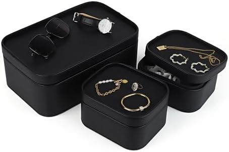 HofferRuffer Faux Leather Decorative Storage Boxes, Dust proof Storage Shelf Baskets with Lids Trays, Storage Bins Memory Box Organizer for Home, Office, Jewelry & More, Set of 3 (Black) - Image 3
