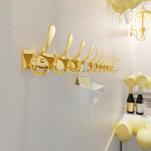 SKOLOO Coat Rack Wall Mounted - 6 Hooks, Pack of 2, Heavy Duty, Stainless Steel, Metal Wall Hangers, Sturdy Coat Hooks for Hanging Coats, Jacket, Clothes, Hat, Bright Gold - Image 2