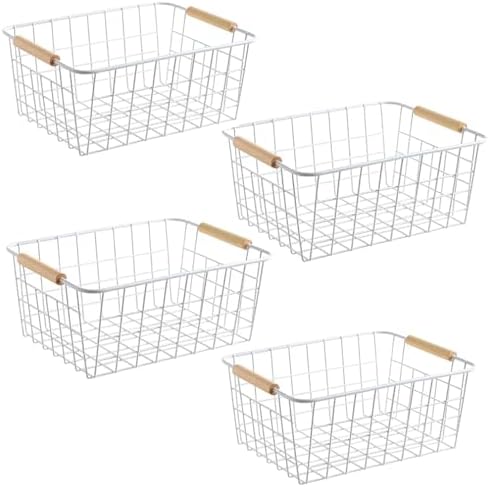 LeleCAT White Wire Baskets for Organizing with Handles，Pantry Organizers and Storage For Kitchen, Household Snack Basket for Cabinets, Closets, Bedrooms,food - Set of 4(White) by HomeSpaceStorageBasket