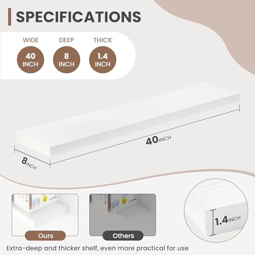 Acovy 40 Inch Floating Shelves, 8 Inch Deep Floating Shelves for Wall, Hanging Shelf with Invisible Brackets, Deep Shelves for Bathroom, Bedroom, Living Room, White, Set of 2 - Image 3