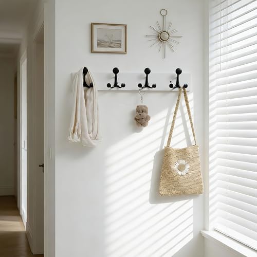 SKOLOO 24-Inch White Wood Coat Rack Wall Mount with 4 Triple Hooks - Ideal for Family Entrances, Classrooms, and Pet Supplies Storage - Perfect Coat Hooks for Wall, Pack of 2 - Image 3