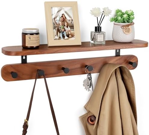 Coat Rack Wall Mount with Shelf, 22" Walnut Wood Wall Shelf with Hooks, Entryway Floating Coat Rack with 6 Metal Hangers for Coats, Backpacks, Living Room, Bedroom, Bathroom (Brown-22'' L) by Homiton