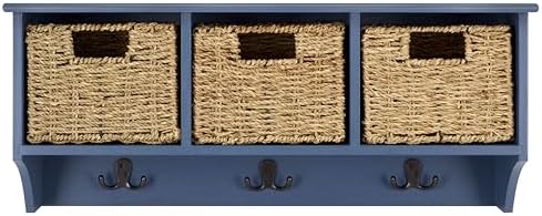 SAFAVIEH Home Collection - Finley Blue Wall Mounted 3-Basket Storage Rack with Hooks & Seagrass Baskets (HAC5700F) by Unknown