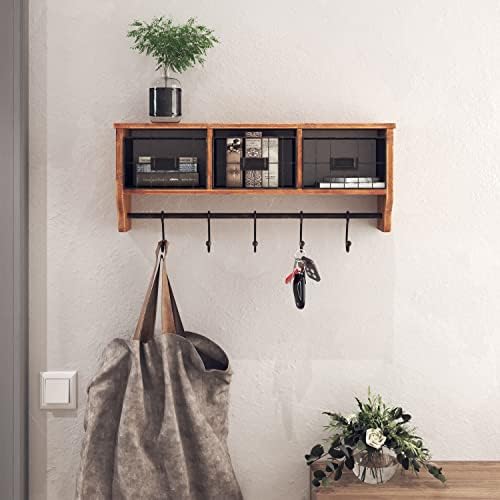 HBCY Creations Wall Mounted Shelf with Coat Hooks and Baskets, Solid Wood Entryway Organizer Wall Shelf with Hooks - Hang Coats, Keys or Coffee Mugs, Rustic Brown 24" Wide by HBCYCreations