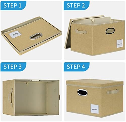 LHZK Large Storage Bins with Lids 6 Pack, Foldable Linen Fabric Storage Boxes with Lids, Sturdy Fabric Storage Bins with Label & 3 Handles for Shelves Bedroom Home Office (Beige, Large) - Image 5