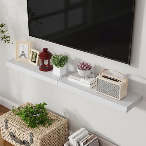 Axeman Floating Shelves, 8 Inch Deep Rustic Solid Wood Wall Shelves for Storage, Wall Mounted Display Shelving with Invisible Heavy-Duty Metal Bracket, 36" W x 8" D x 1.6" H, Distressed White - Image 5