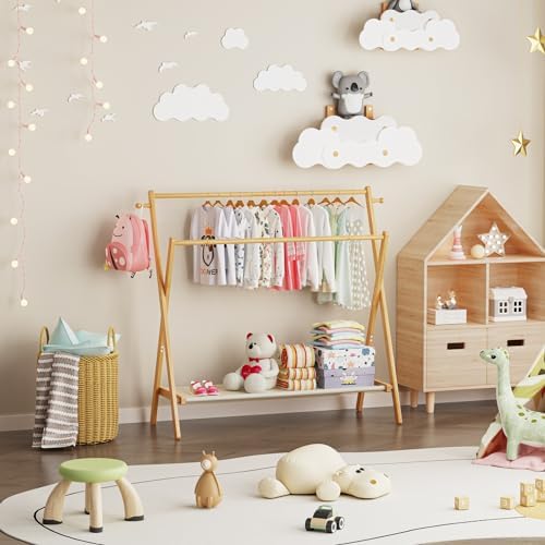 BAMBOOHOMIE Kids Clothing Rack With Storage Shelf & Double Rods, Foldable Dress Up Clothes Rack for Toddler Nursery, Child's Room, 100% Natural Bamboo (Large Size) - Image 6